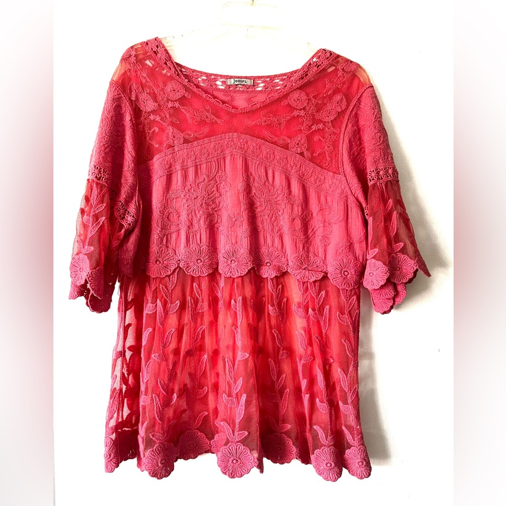Jodifl Pink Lace and Sheer Feminine Blouse